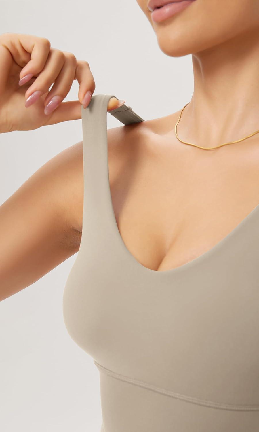 imageODODOS Cloud Feeling V Neck Padded Sports Bra for Women U Back Wirefree Yoga Bra Crop TopShaker Beige