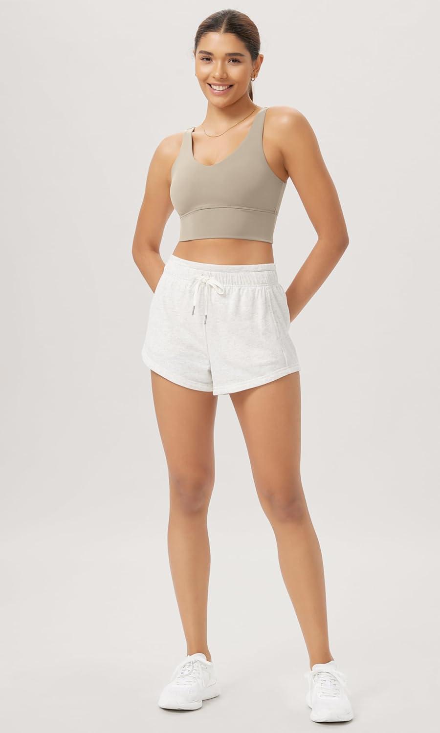 imageODODOS Cloud Feeling V Neck Padded Sports Bra for Women U Back Wirefree Yoga Bra Crop TopShaker Beige