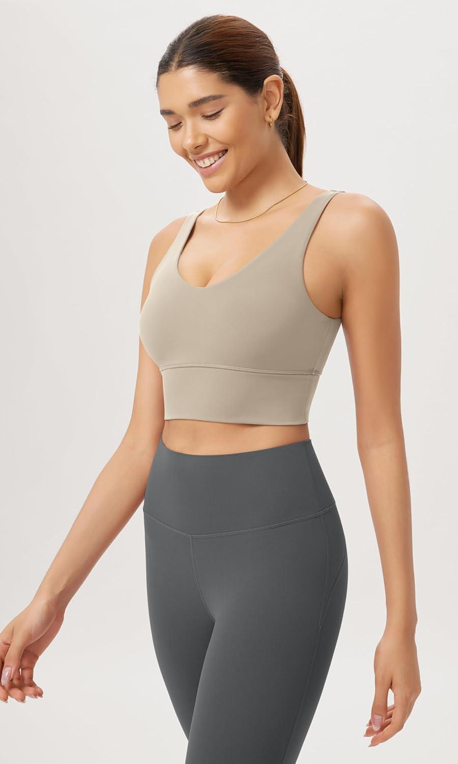 imageODODOS Cloud Feeling V Neck Padded Sports Bra for Women U Back Wirefree Yoga Bra Crop TopShaker Beige