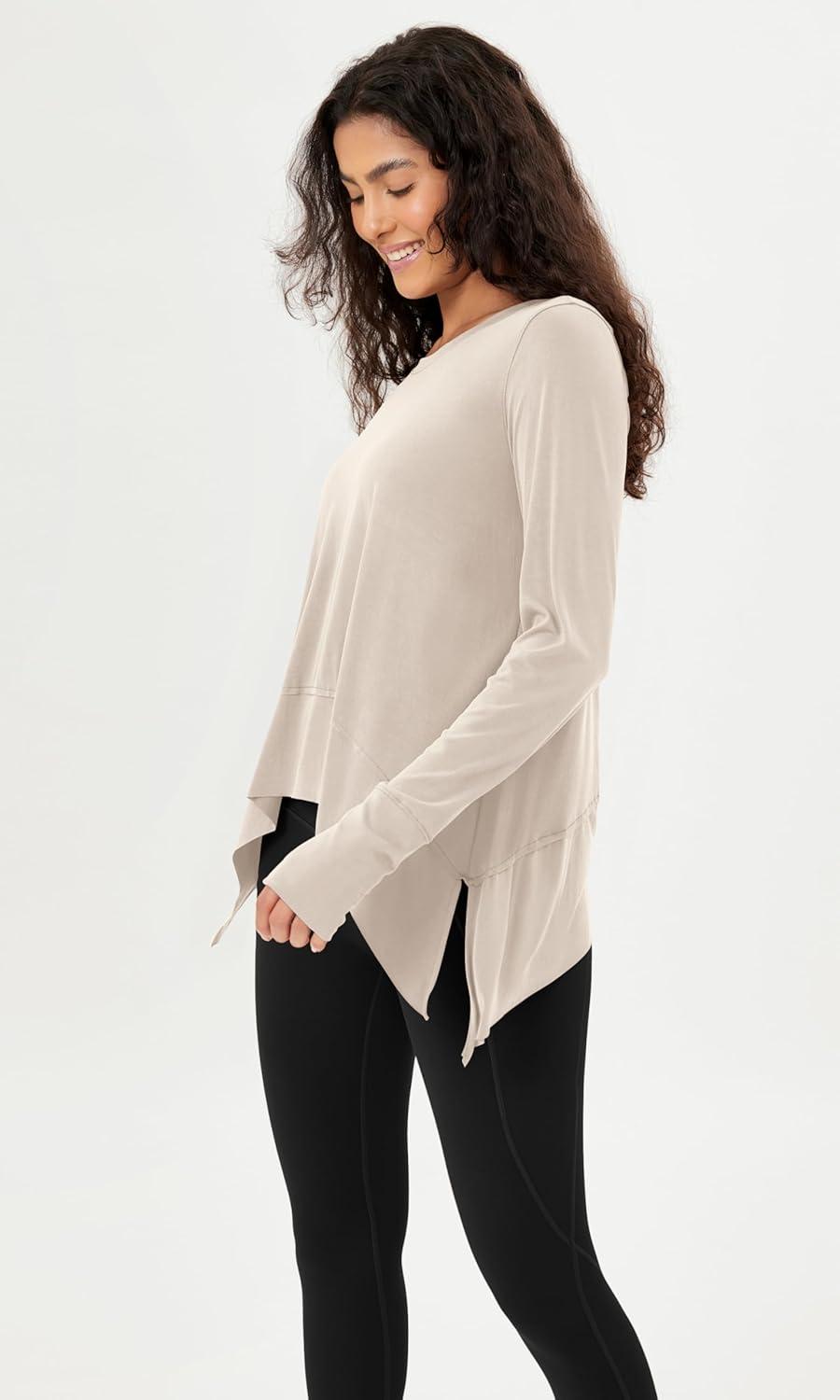 imageODODOS Long Sleeve Tee for Women with Thumb Hole Modal Soft Athletic Gym Workout Tops Yoga ShirtsAbalonewashed