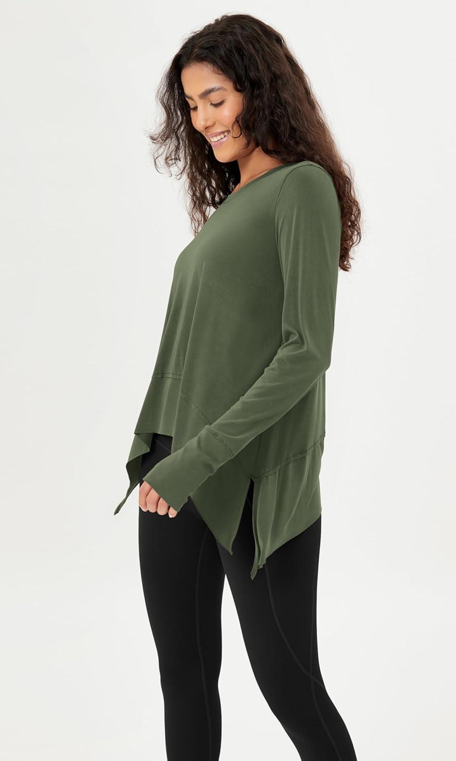 imageODODOS Long Sleeve Tee for Women with Thumb Hole Modal Soft Athletic Gym Workout Tops Yoga ShirtsArmy Greenwashed