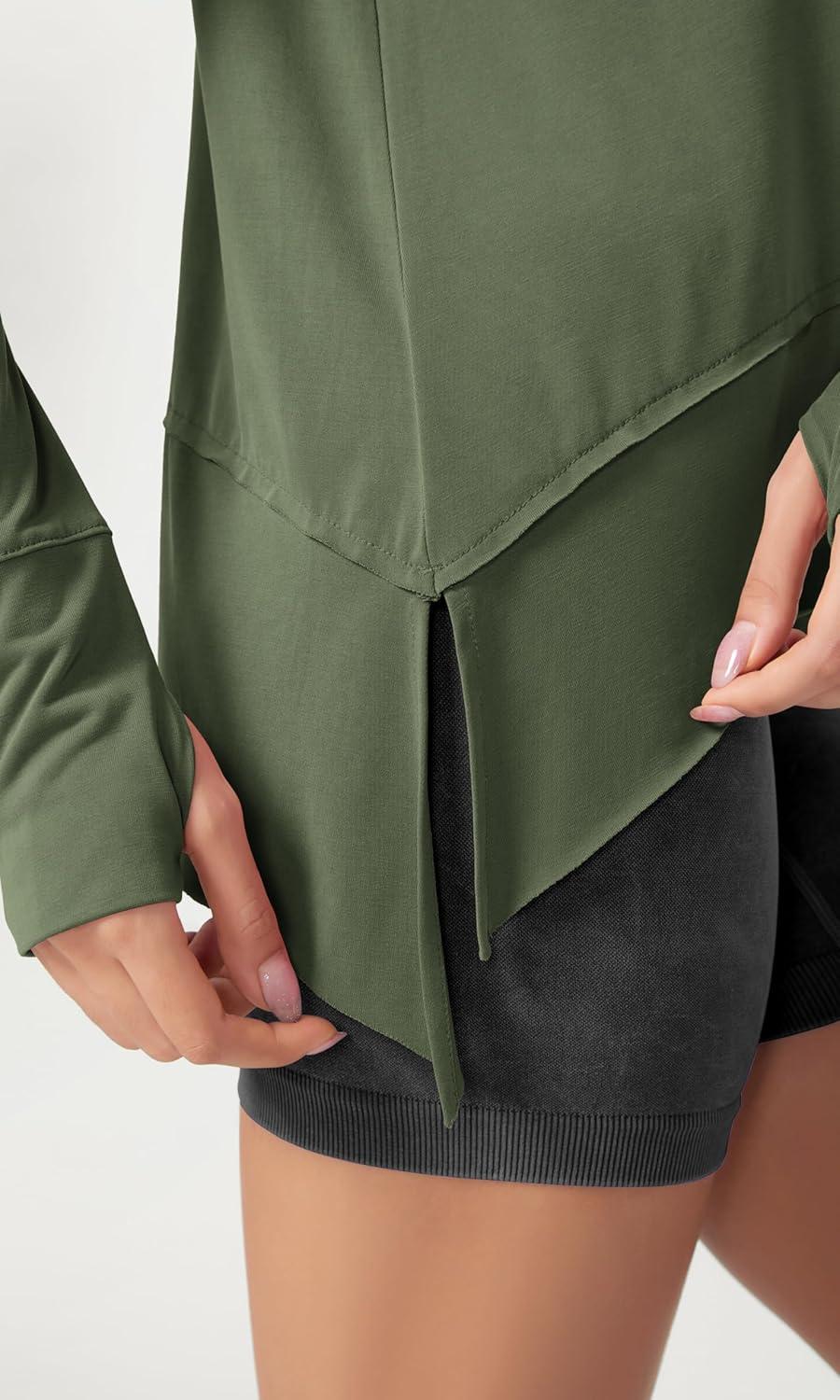 imageODODOS Long Sleeve Tee for Women with Thumb Hole Modal Soft Athletic Gym Workout Tops Yoga ShirtsArmy Greenwashed