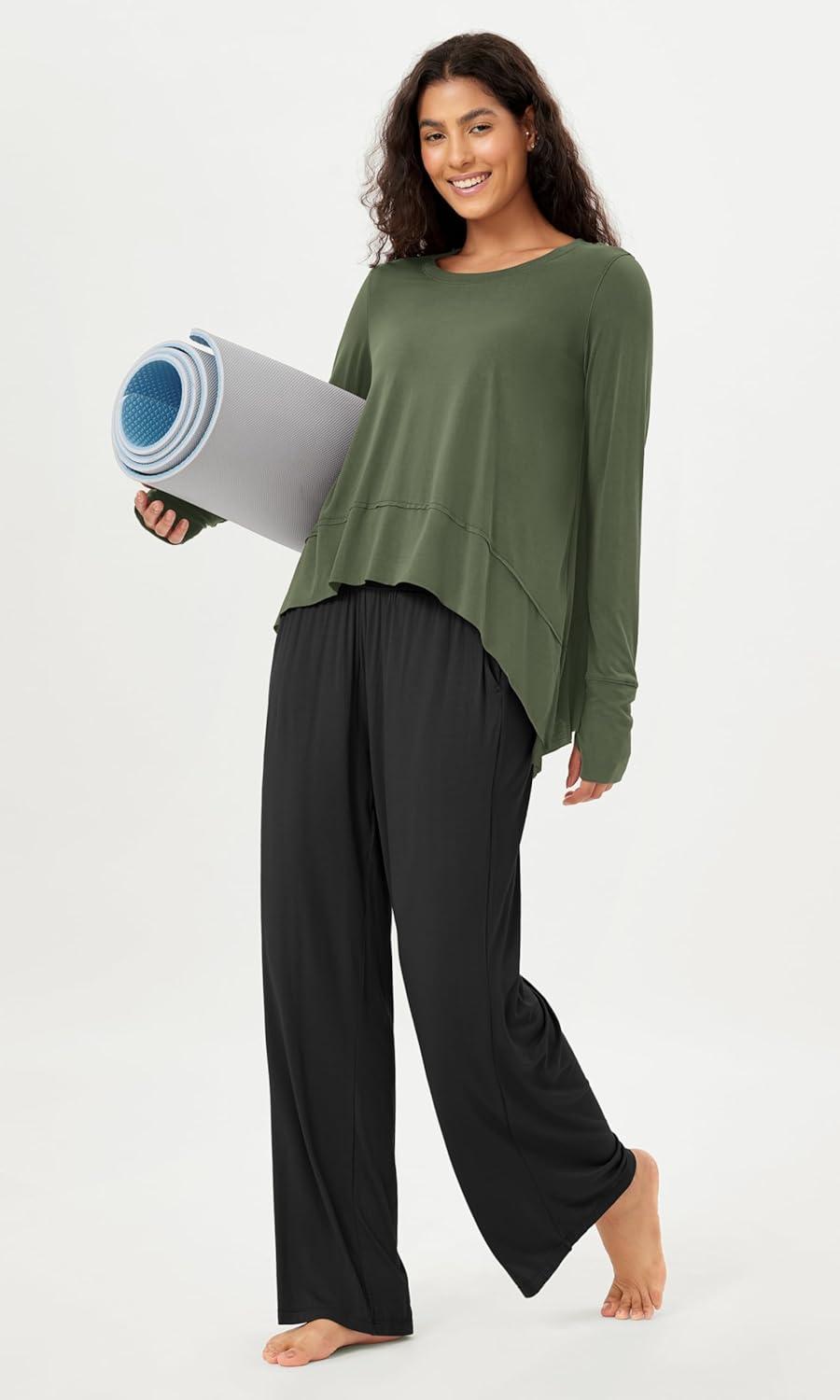 imageODODOS Long Sleeve Tee for Women with Thumb Hole Modal Soft Athletic Gym Workout Tops Yoga ShirtsArmy Greenwashed