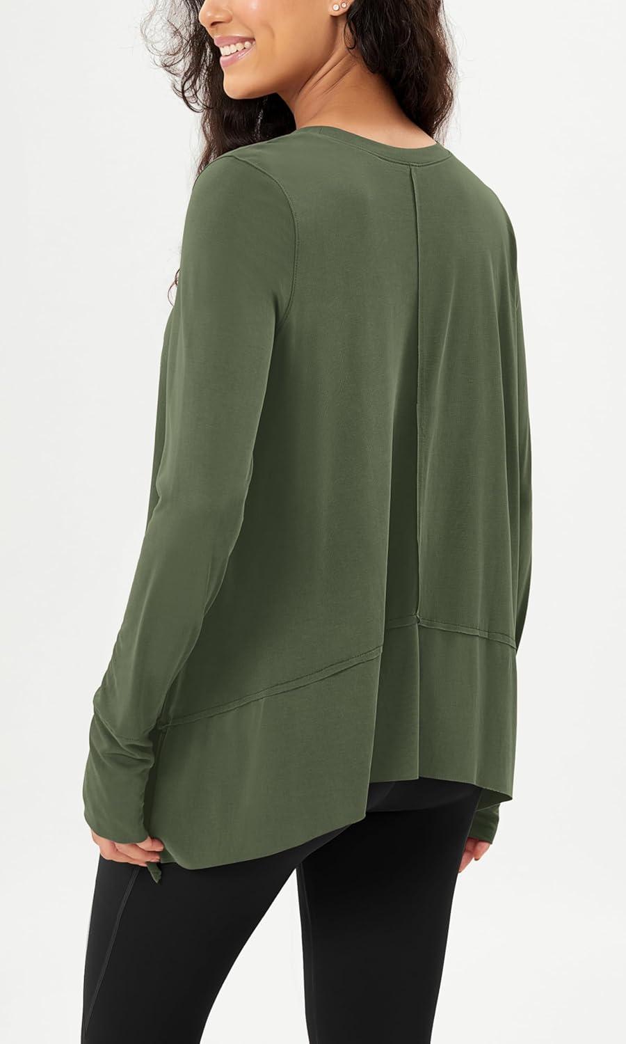 imageODODOS Long Sleeve Tee for Women with Thumb Hole Modal Soft Athletic Gym Workout Tops Yoga ShirtsArmy Greenwashed