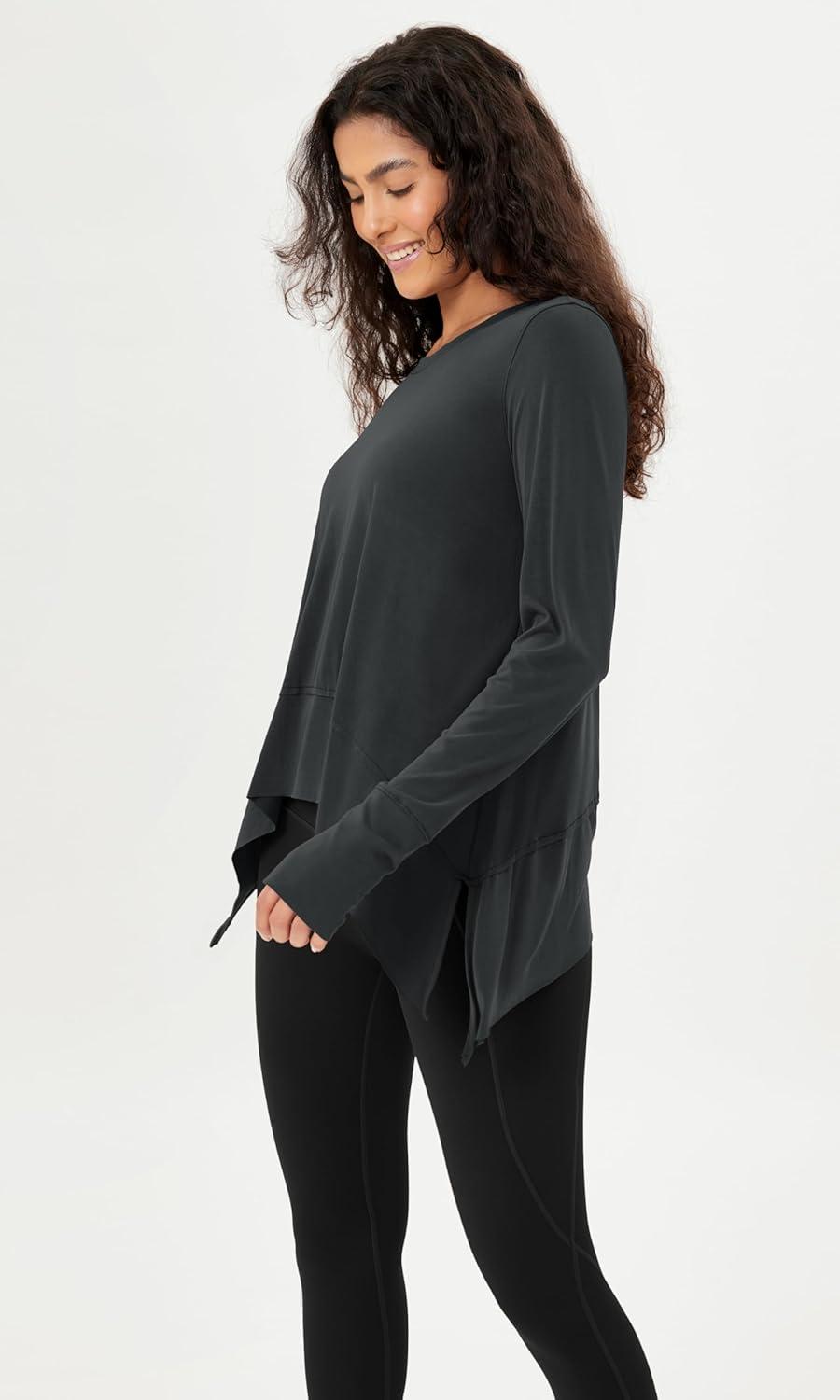 imageODODOS Long Sleeve Tee for Women with Thumb Hole Modal Soft Athletic Gym Workout Tops Yoga ShirtsBlackwashed