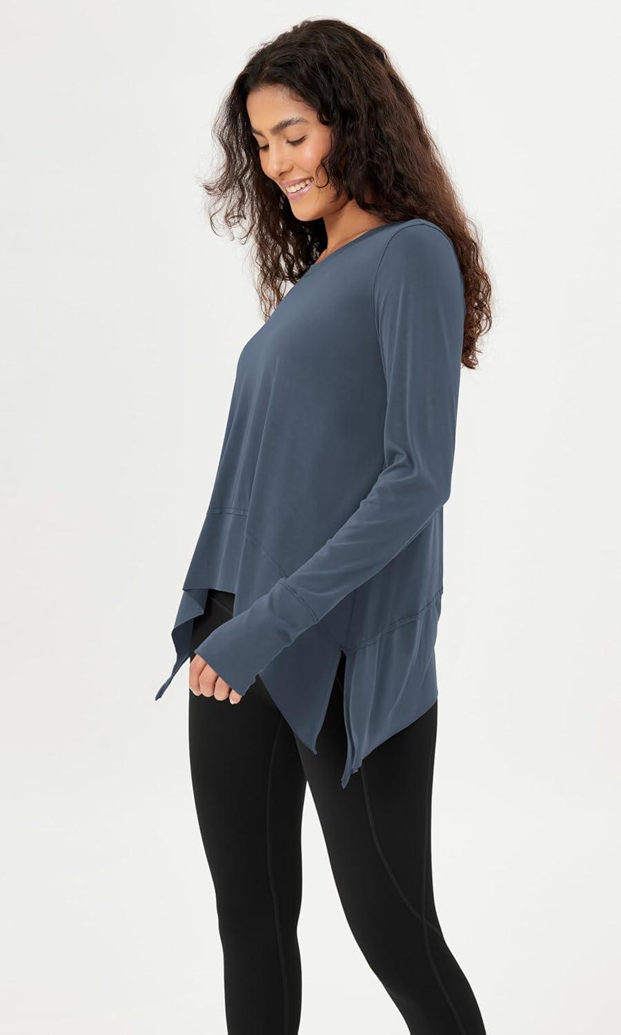imageODODOS Long Sleeve Tee for Women with Thumb Hole Modal Soft Athletic Gym Workout Tops Yoga ShirtsDark Bluewashed