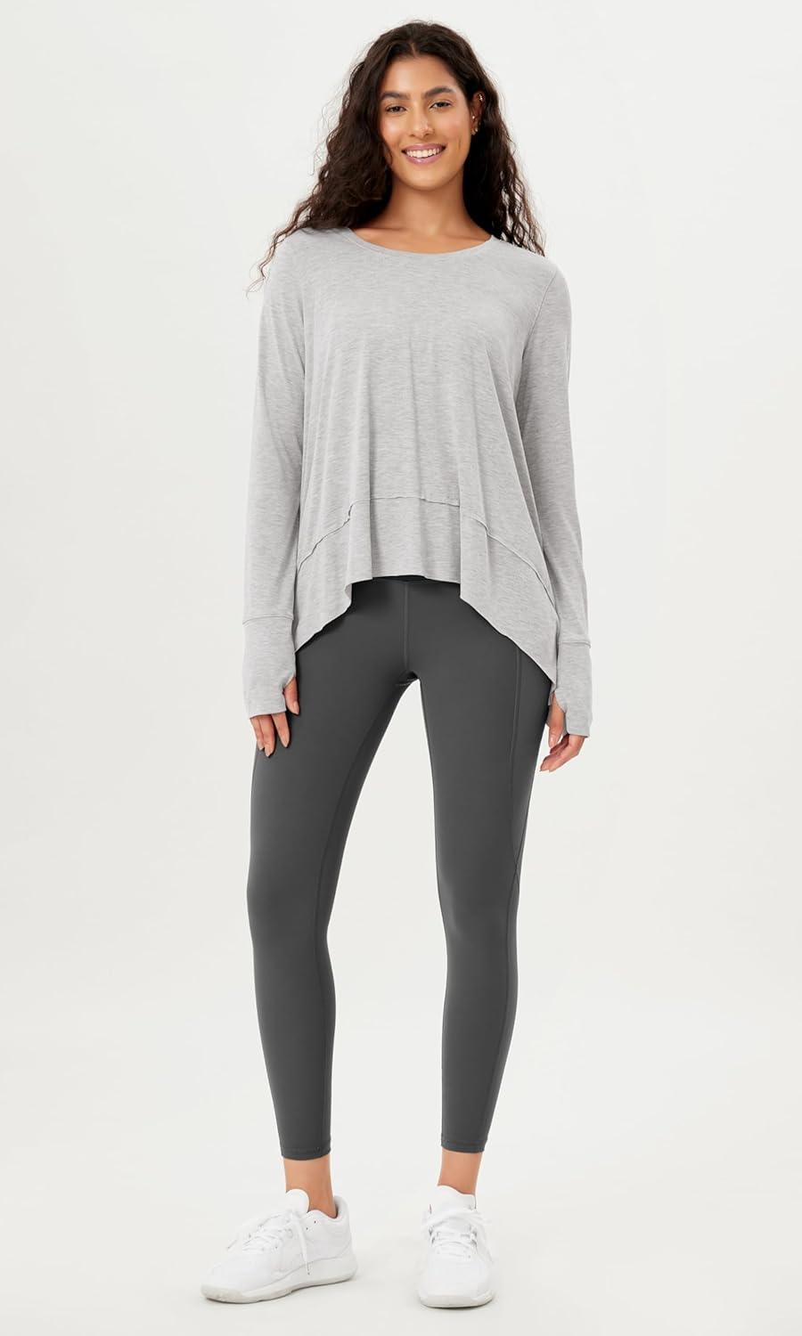 imageODODOS Long Sleeve Tee for Women with Thumb Hole Modal Soft Athletic Gym Workout Tops Yoga ShirtsHeather Greywashed