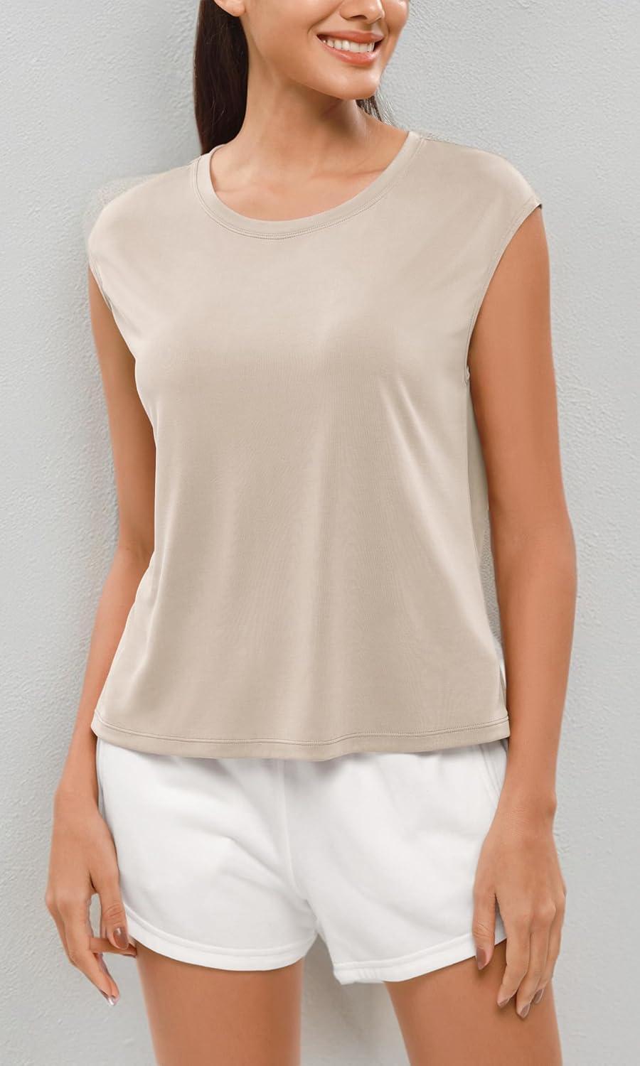 imageODODOS Modal Soft Sleeveless Shirts for Women Crew Neck Yoga Tee Summer Flowy Workout Tank TopsAbalone