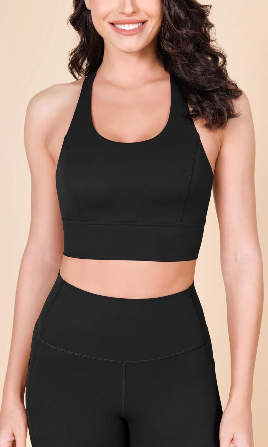 imageODODOS ODLEX Halter Sports Bra for Women Padded Wirefree Y Racerback Workout Yoga BraBlack