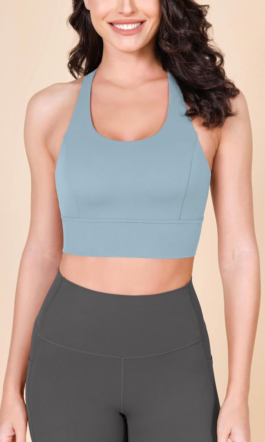 imageODODOS ODLEX Halter Sports Bra for Women Padded Wirefree Y Racerback Workout Yoga BraChambray