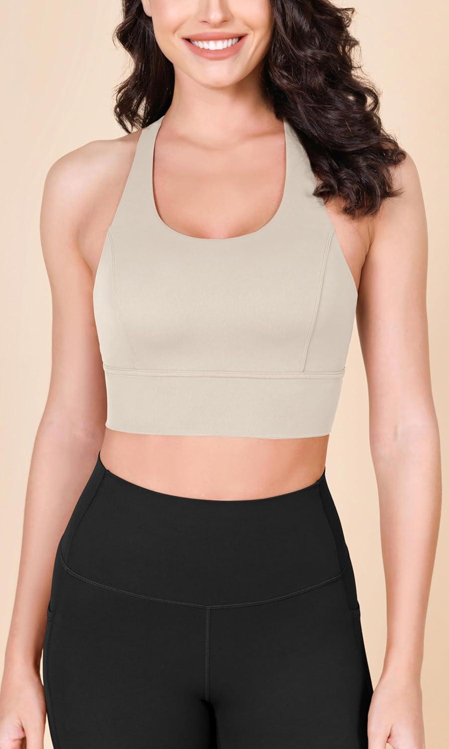 imageODODOS ODLEX Halter Sports Bra for Women Padded Wirefree Y Racerback Workout Yoga BraOat Milk