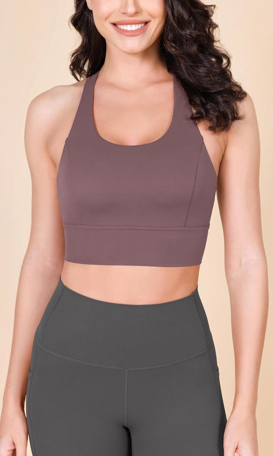 imageODODOS ODLEX Halter Sports Bra for Women Padded Wirefree Y Racerback Workout Yoga BraPurple Taupe