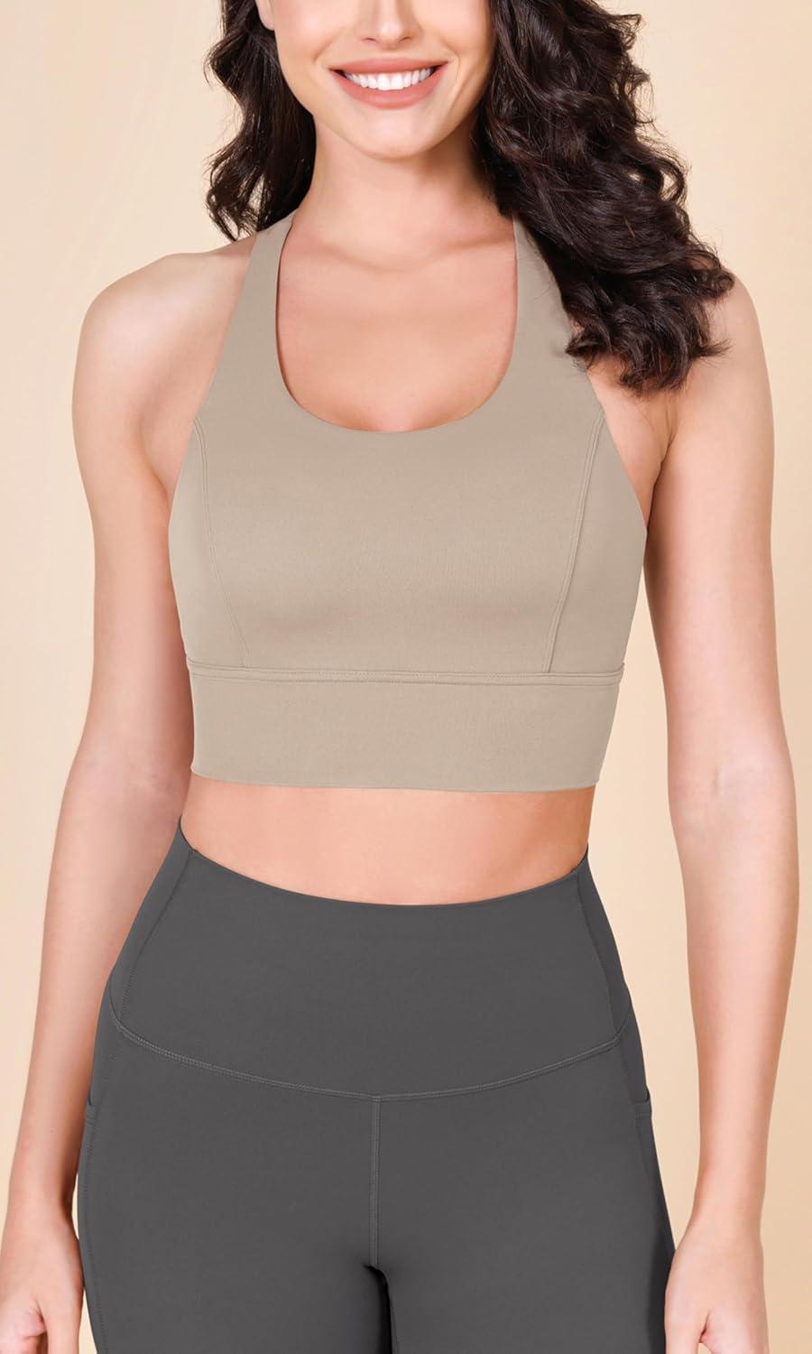 imageODODOS ODLEX Halter Sports Bra for Women Padded Wirefree Y Racerback Workout Yoga BraShaker Beige
