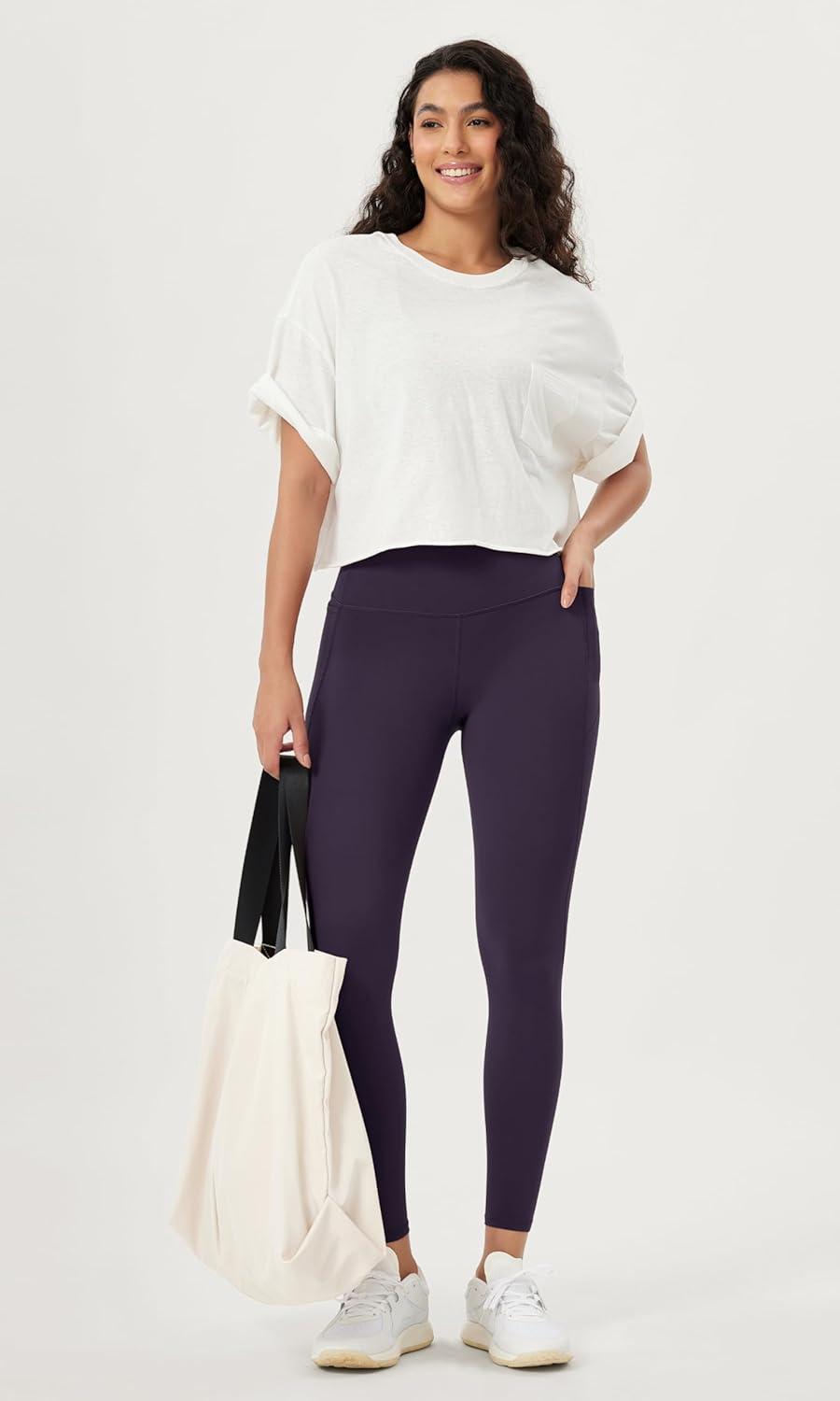 imageODODOS ODLIFT 20 Compression Leggings with Pockets for Women 25quot High Waist 78 Workout Running Yoga PantsDark Purple