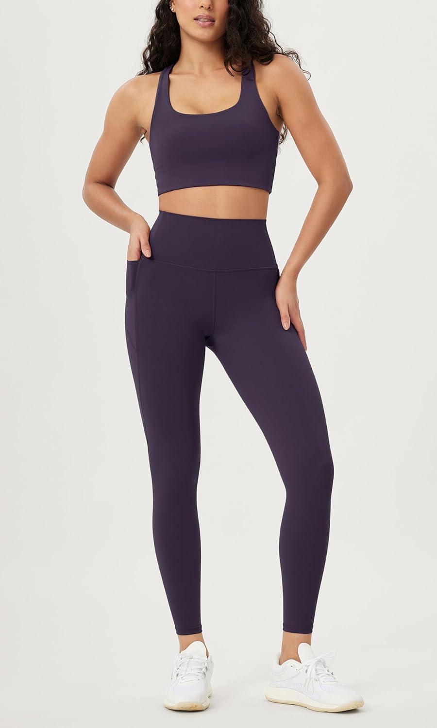 imageODODOS ODLIFT 20 Compression Leggings with Pockets for Women 25quot High Waist 78 Workout Running Yoga PantsDark Purple