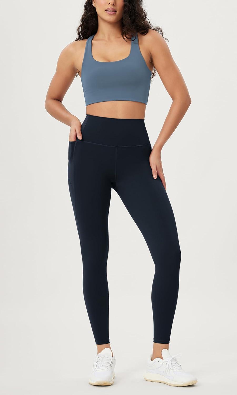 imageODODOS ODLIFT 20 Compression Leggings with Pockets for Women 25quot High Waist 78 Workout Running Yoga PantsDeep Navy