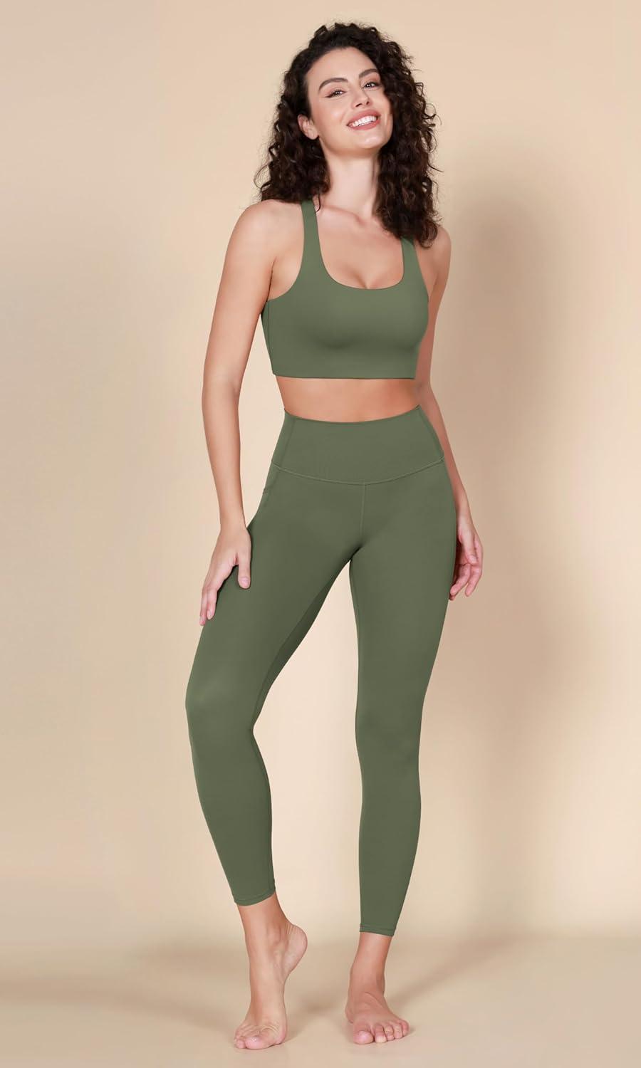 imageODODOS Racerback Sports Bra for Women Non Padded Double Layer Yoga Tank Workout Crop TopsDark Olive