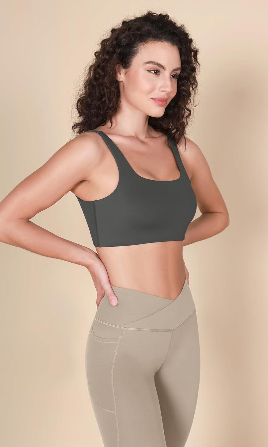 imageODODOS Square Neck Sports Bra for Women Wirefree Non Padded Yoga Tank Workout Crop TopsBlackcharcoal