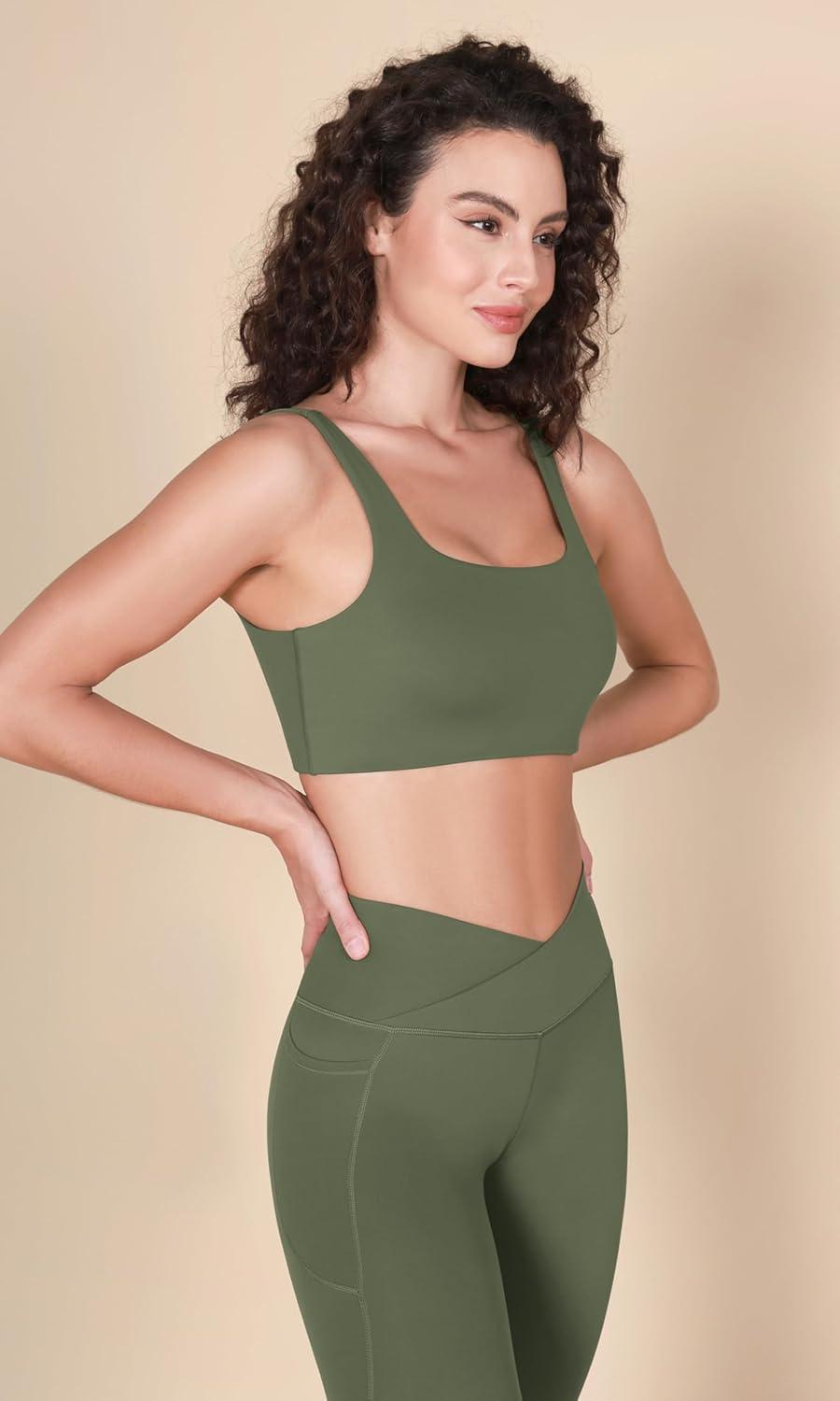 imageODODOS Square Neck Sports Bra for Women Wirefree Non Padded Yoga Tank Workout Crop TopsBlackdark Olive