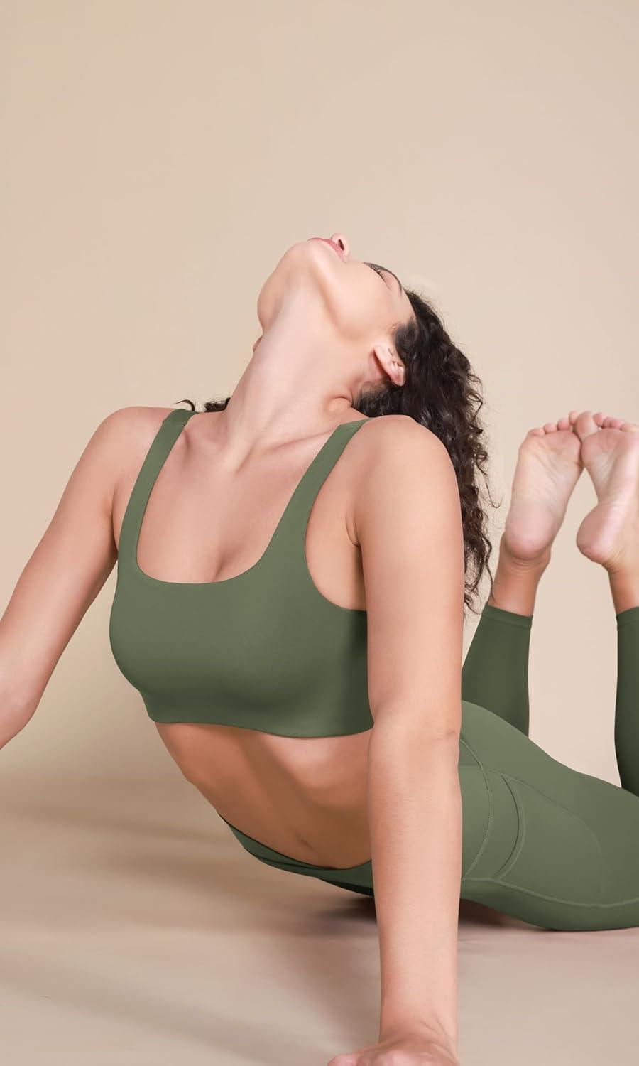 imageODODOS Square Neck Sports Bra for Women Wirefree Non Padded Yoga Tank Workout Crop TopsBlackdark Olive
