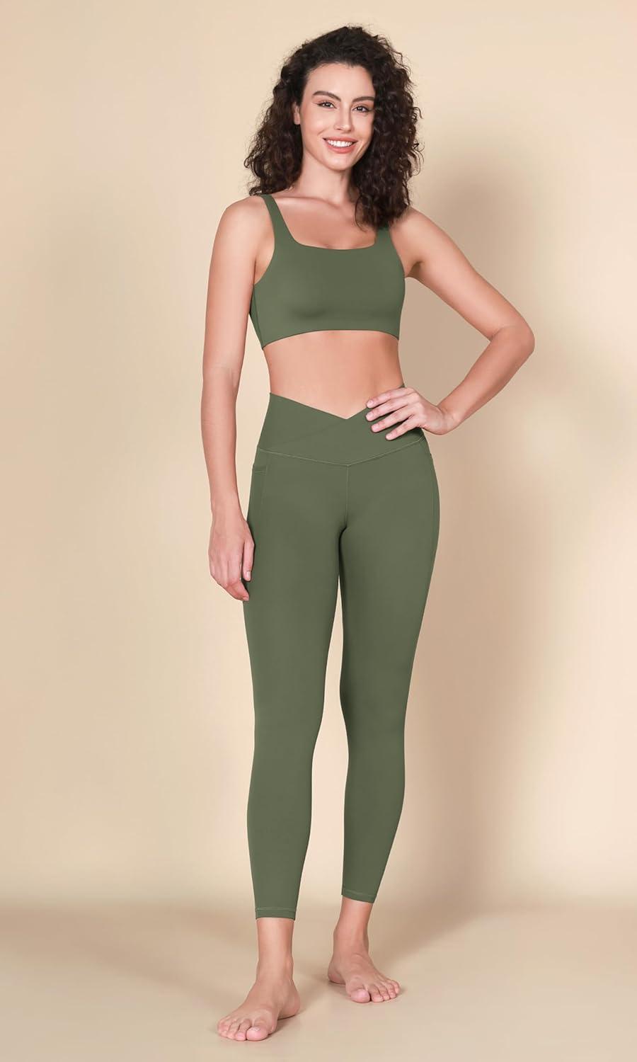 imageODODOS Square Neck Sports Bra for Women Wirefree Non Padded Yoga Tank Workout Crop TopsBlackdark Olive