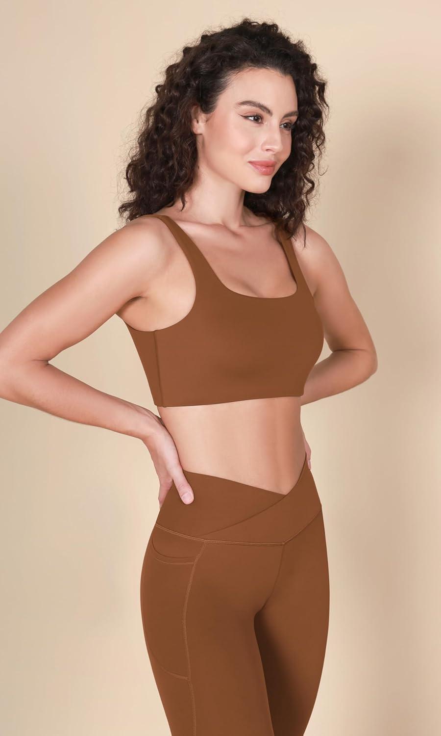 imageODODOS Square Neck Sports Bra for Women Wirefree Non Padded Yoga Tank Workout Crop TopsCaramel