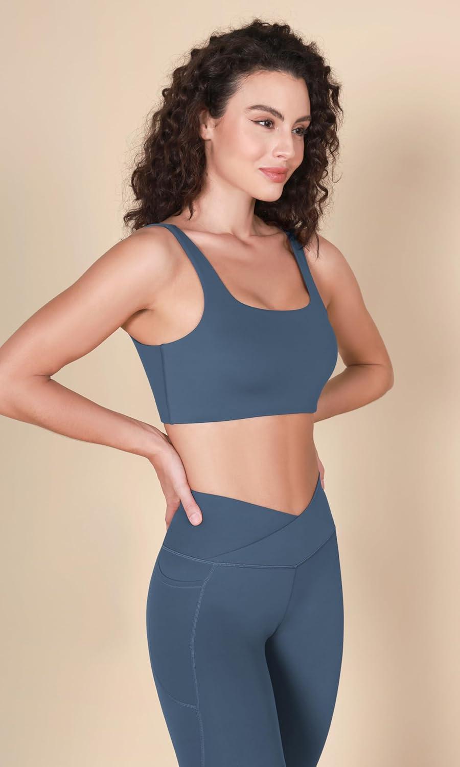imageODODOS Square Neck Sports Bra for Women Wirefree Non Padded Yoga Tank Workout Crop TopsInk Blue