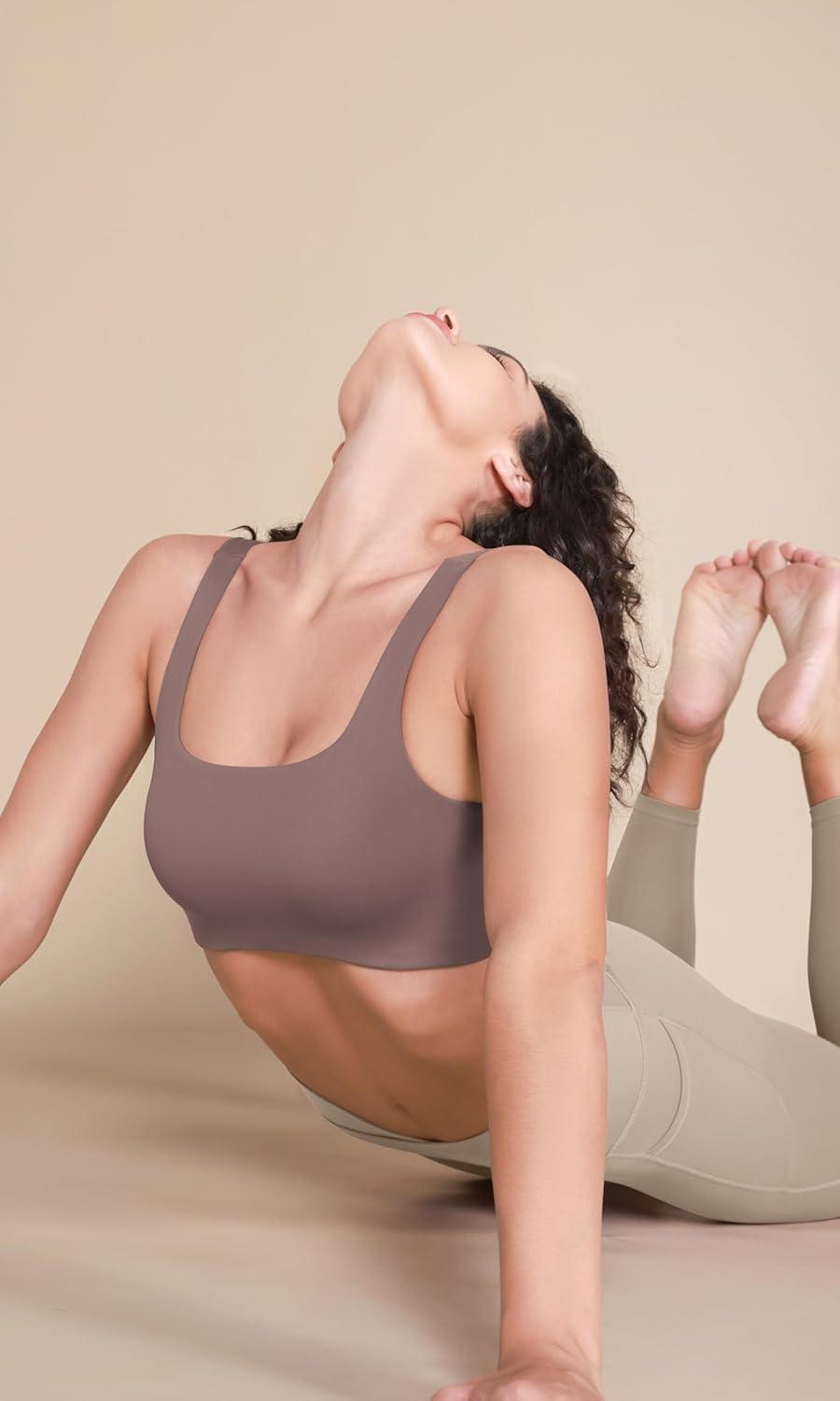imageODODOS Square Neck Sports Bra for Women Wirefree Non Padded Yoga Tank Workout Crop TopsPurple Taupe