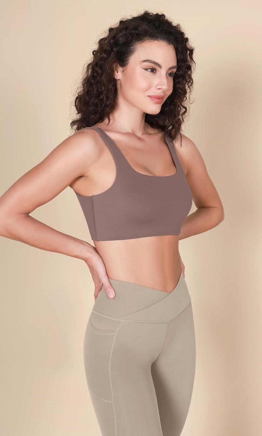 imageODODOS Square Neck Sports Bra for Women Wirefree Non Padded Yoga Tank Workout Crop TopsPurple Taupe