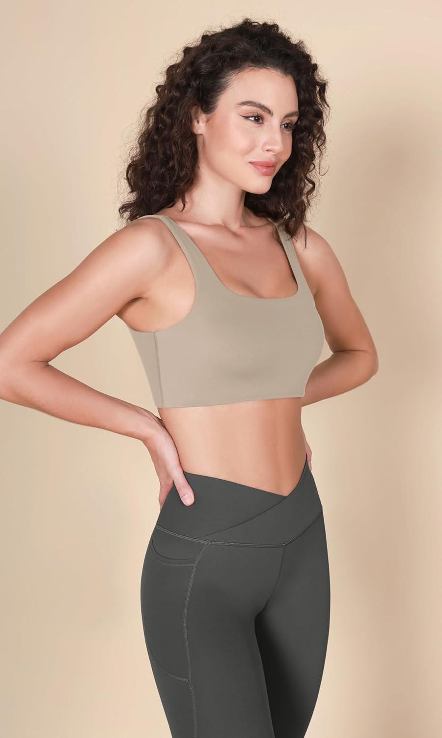 imageODODOS Square Neck Sports Bra for Women Wirefree Non Padded Yoga Tank Workout Crop TopsTaupe