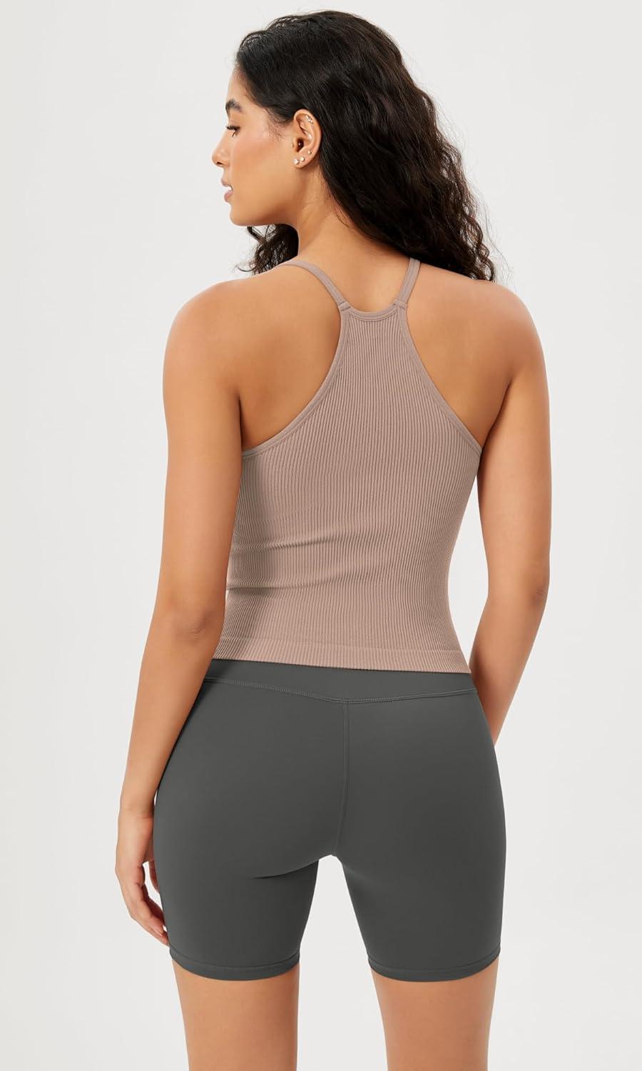 imageODODOS Womens Crop Seamless RibKnit Camisole Strappy Racerback Cropped Tank TopsBark