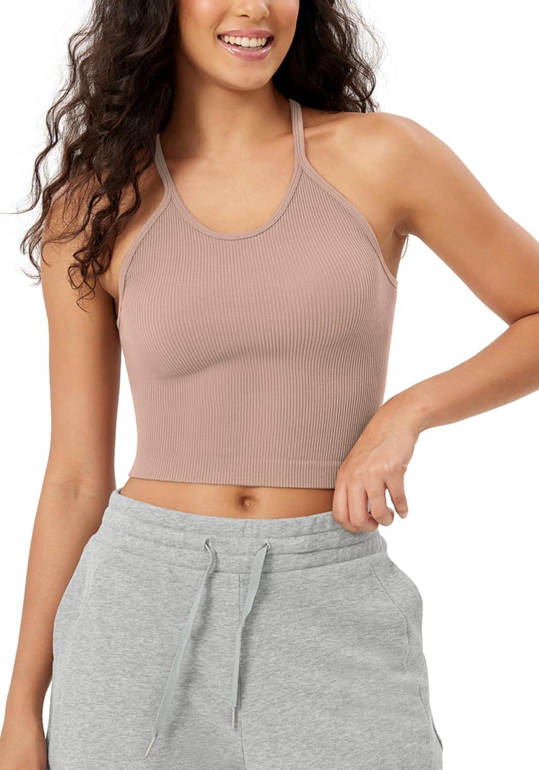 imageODODOS Womens Crop Seamless RibKnit Camisole Strappy Racerback Cropped Tank TopsBark
