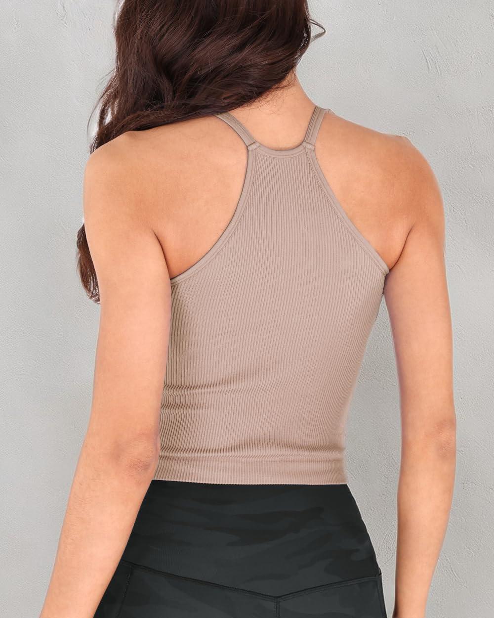 imageODODOS Womens Crop Seamless RibKnit Camisole Strappy Racerback Cropped Tank TopsBark