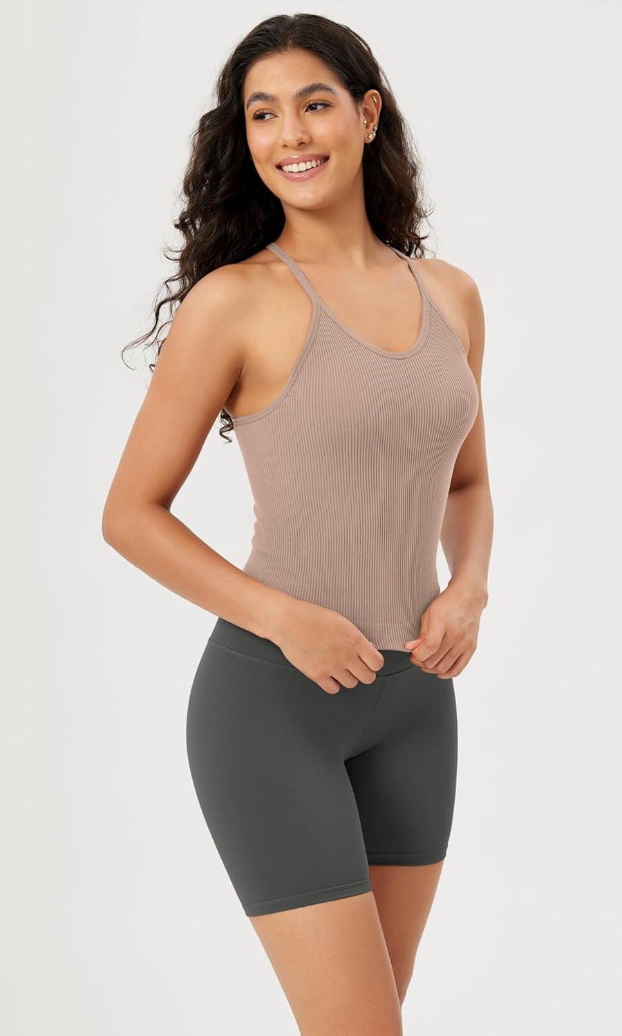 imageODODOS Womens Crop Seamless RibKnit Camisole Strappy Racerback Cropped Tank TopsBark