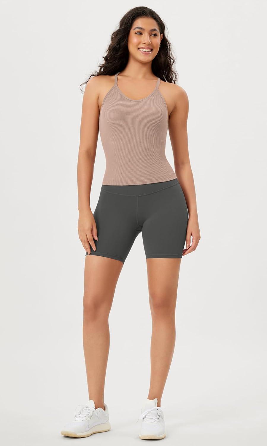 imageODODOS Womens Crop Seamless RibKnit Camisole Strappy Racerback Cropped Tank TopsBark