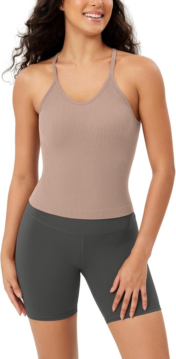 imageODODOS Womens Crop Seamless RibKnit Camisole Strappy Racerback Cropped Tank TopsBark