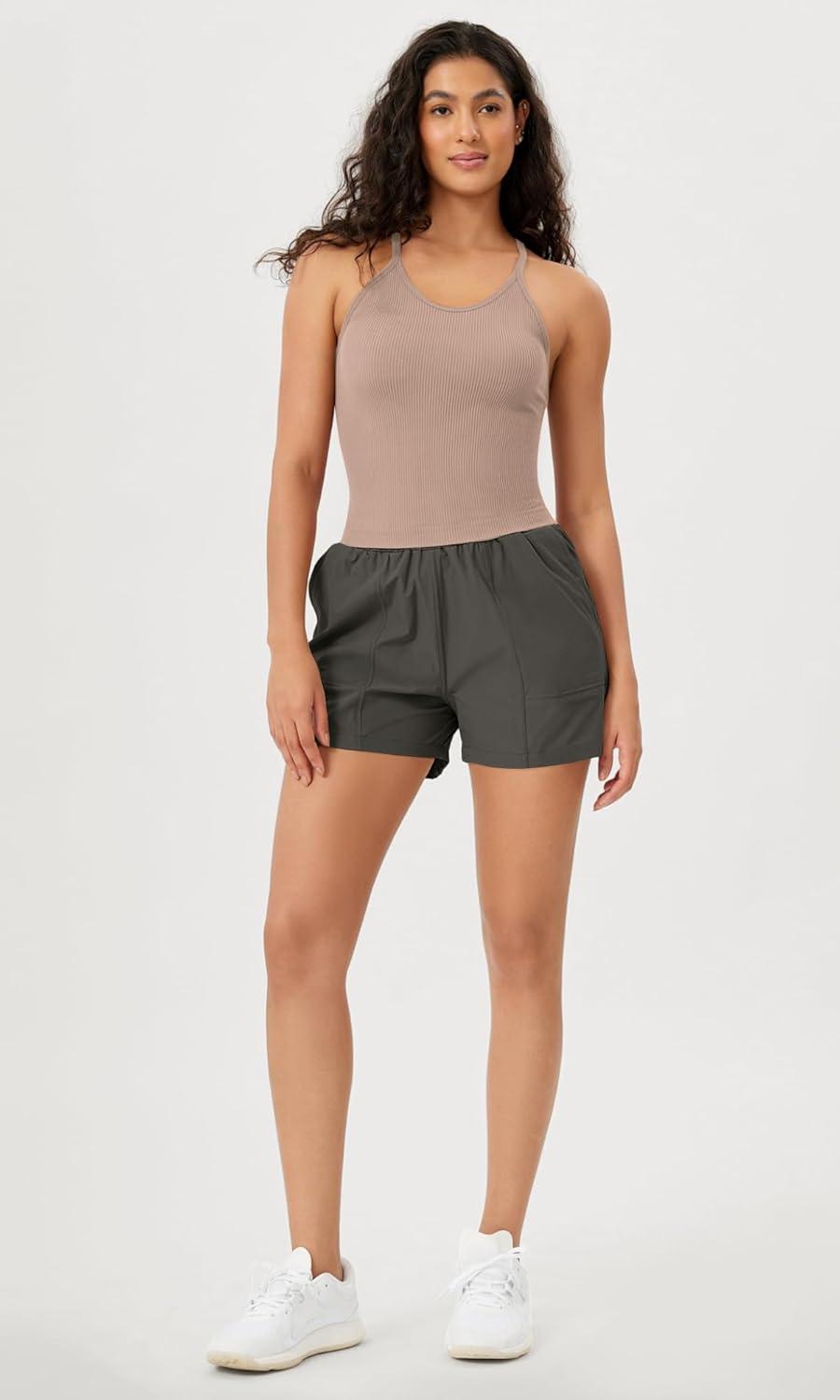 imageODODOS Womens Crop Seamless RibKnit Camisole Strappy Racerback Cropped Tank TopsBark