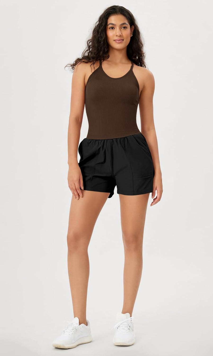 imageODODOS Womens Crop Seamless RibKnit Camisole Strappy Racerback Cropped Tank TopsBrunette