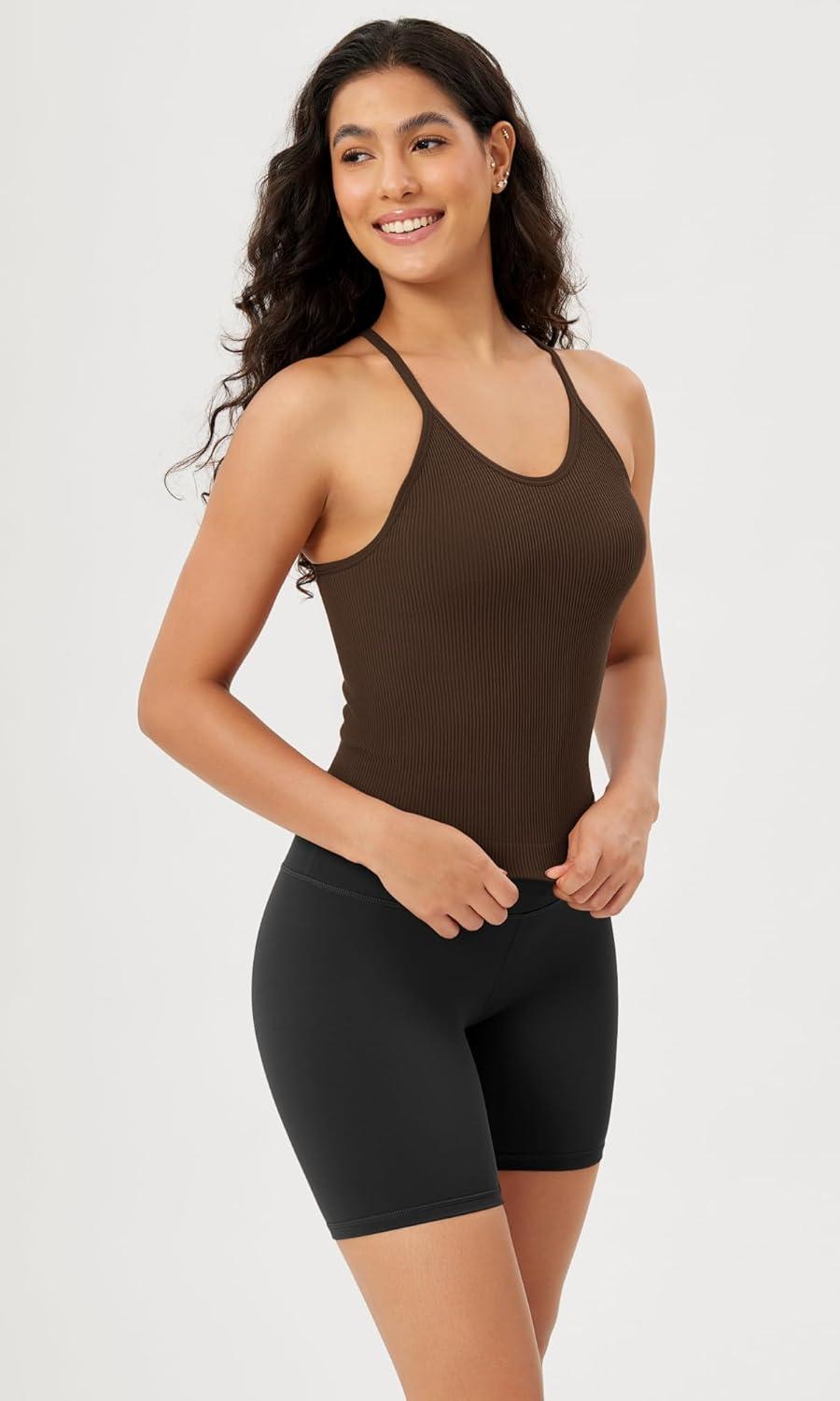 imageODODOS Womens Crop Seamless RibKnit Camisole Strappy Racerback Cropped Tank TopsBrunette