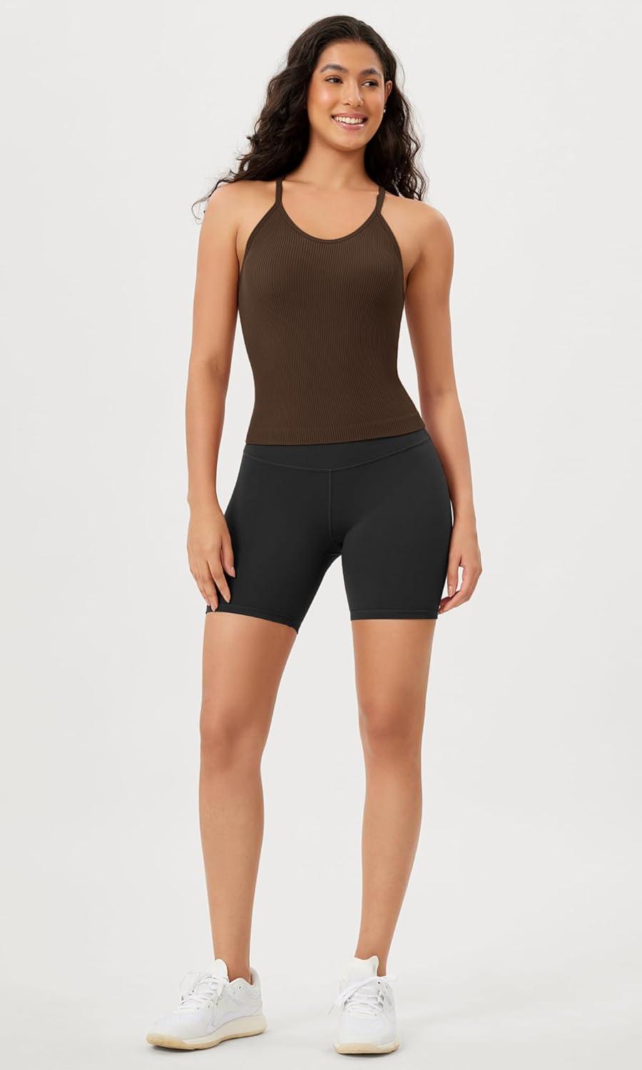 imageODODOS Womens Crop Seamless RibKnit Camisole Strappy Racerback Cropped Tank TopsBrunette