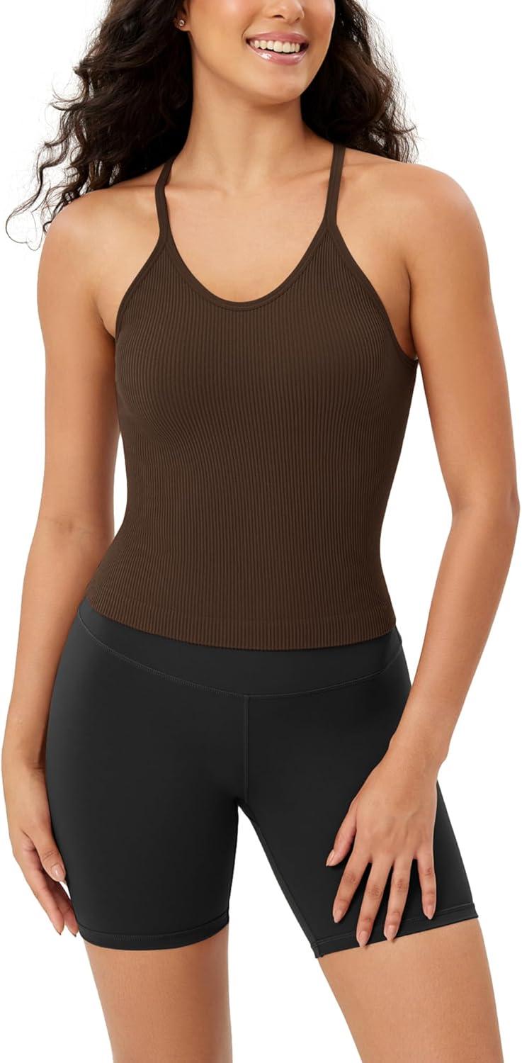 imageODODOS Womens Crop Seamless RibKnit Camisole Strappy Racerback Cropped Tank TopsBrunette