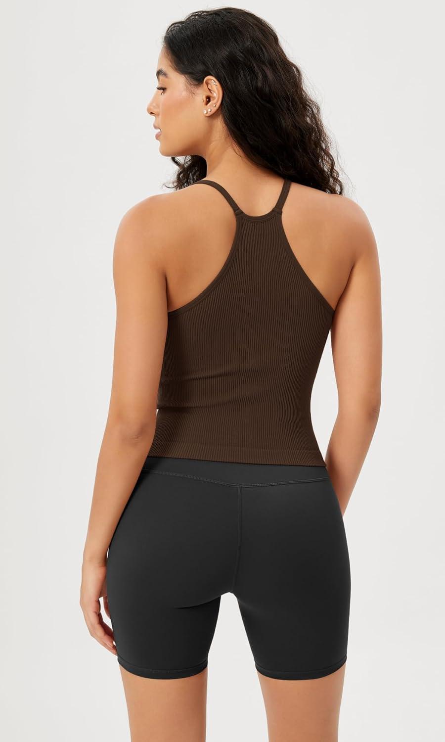 imageODODOS Womens Crop Seamless RibKnit Camisole Strappy Racerback Cropped Tank TopsBrunette