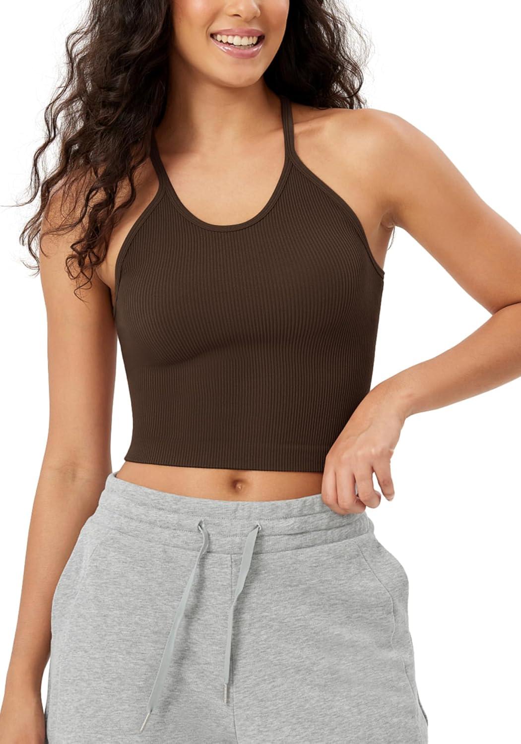 imageODODOS Womens Crop Seamless RibKnit Camisole Strappy Racerback Cropped Tank TopsBrunette