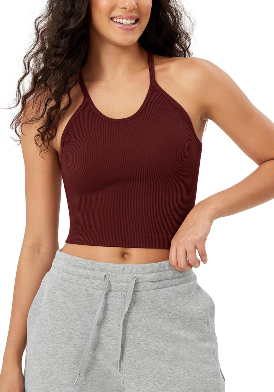 imageODODOS Womens Crop Seamless RibKnit Camisole Strappy Racerback Cropped Tank TopsClaret