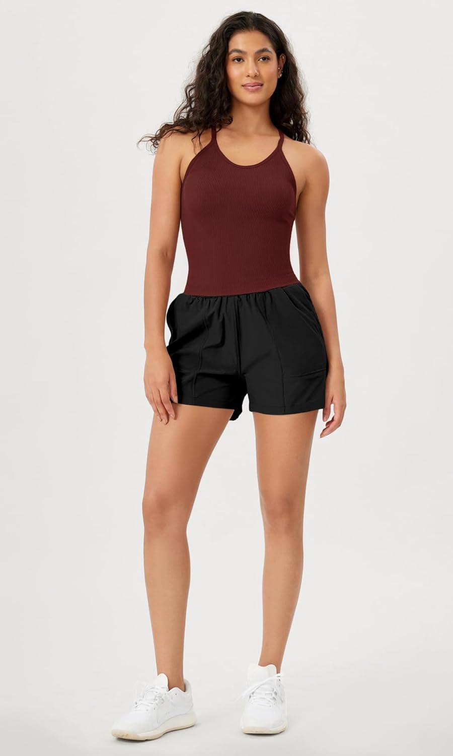 imageODODOS Womens Crop Seamless RibKnit Camisole Strappy Racerback Cropped Tank TopsClaret