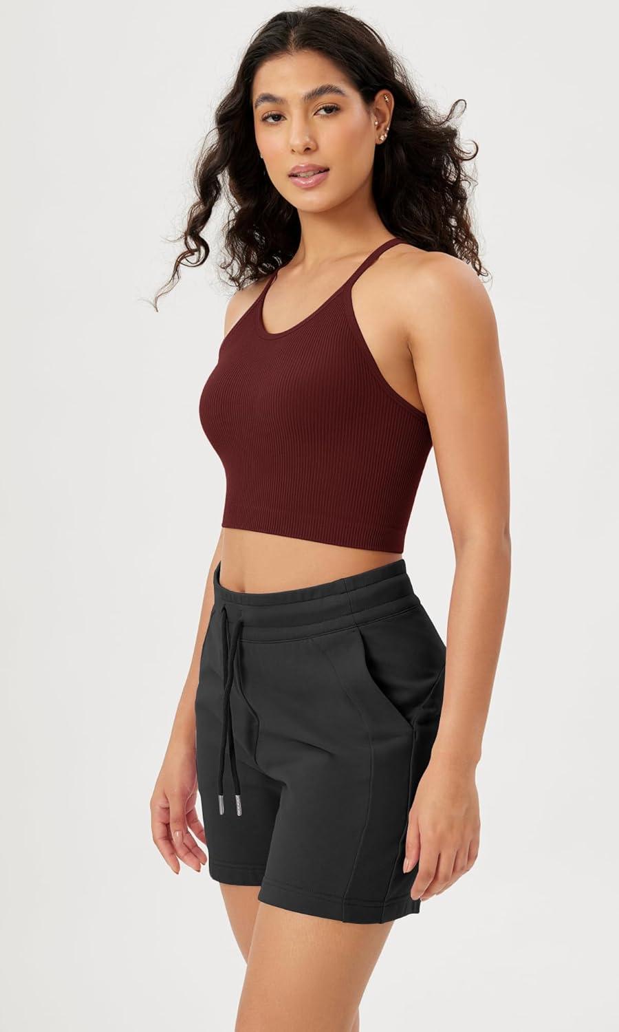 imageODODOS Womens Crop Seamless RibKnit Camisole Strappy Racerback Cropped Tank TopsClaret