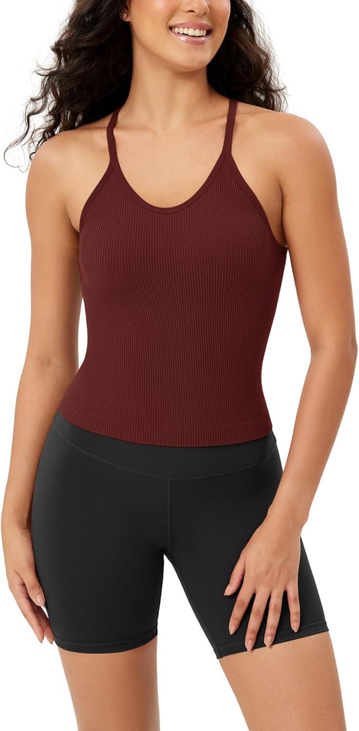 imageODODOS Womens Crop Seamless RibKnit Camisole Strappy Racerback Cropped Tank TopsClaret