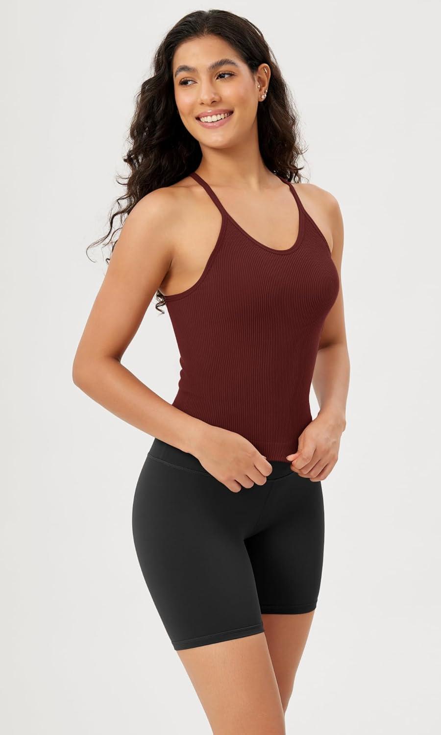 imageODODOS Womens Crop Seamless RibKnit Camisole Strappy Racerback Cropped Tank TopsClaret