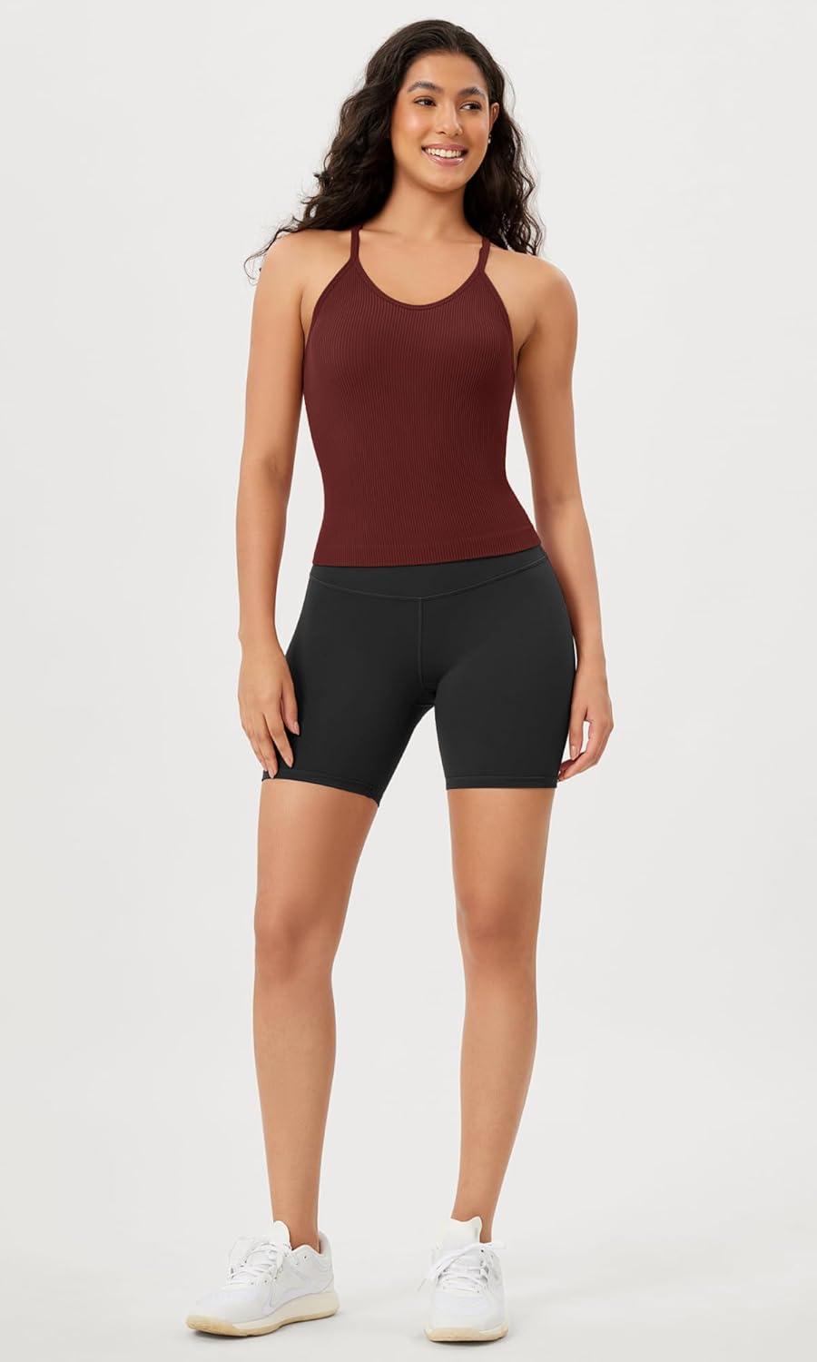 imageODODOS Womens Crop Seamless RibKnit Camisole Strappy Racerback Cropped Tank TopsClaret