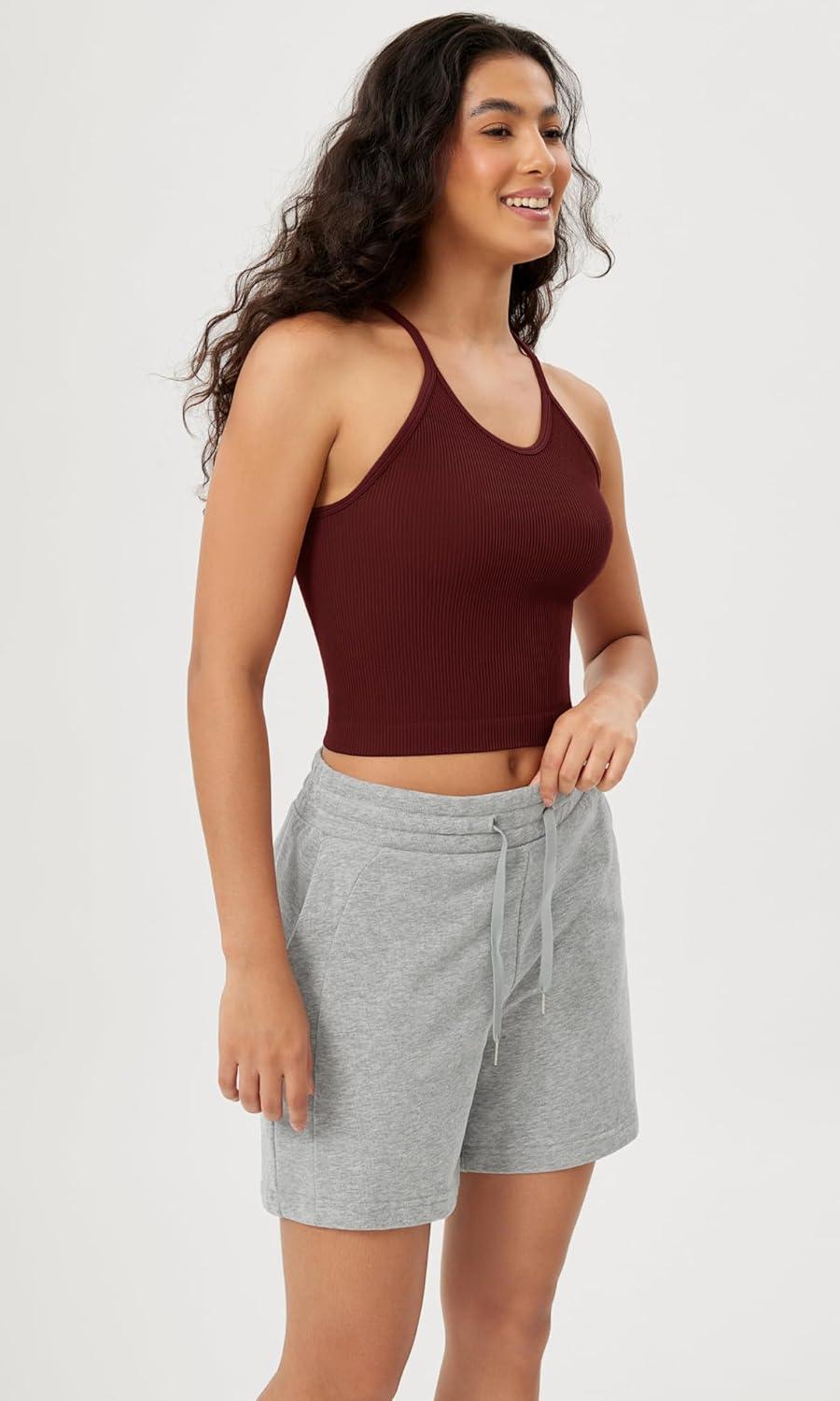 imageODODOS Womens Crop Seamless RibKnit Camisole Strappy Racerback Cropped Tank TopsClaret